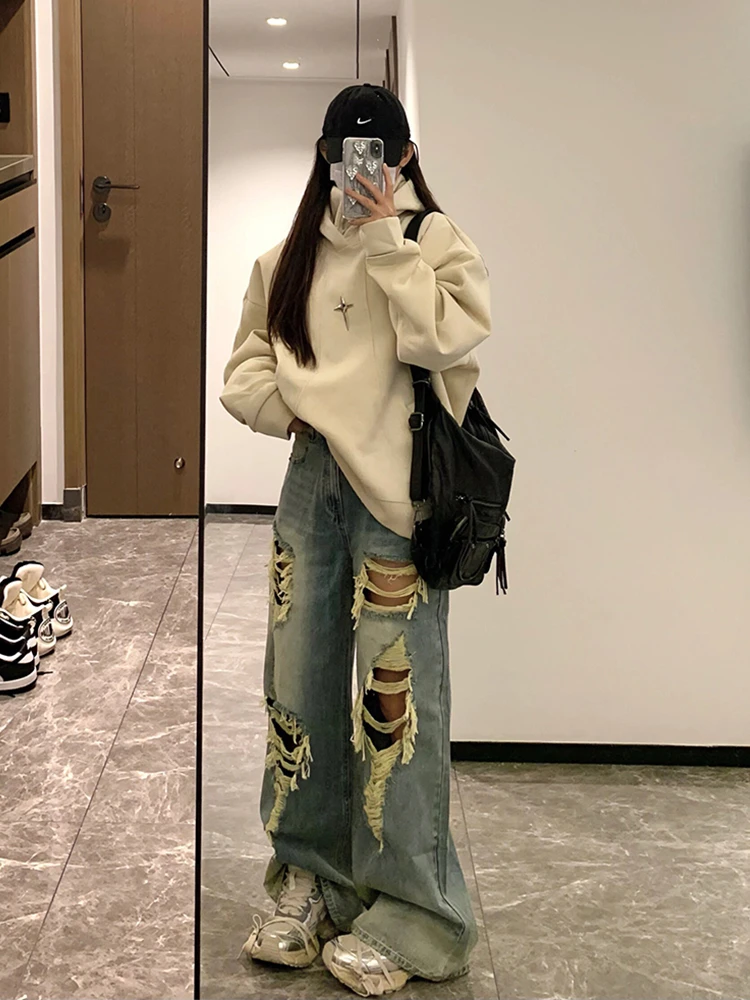 大码美式破洞牛仔女高街直筒乞丐夏季宽松垂感高腰阔腿拖地长裤潮