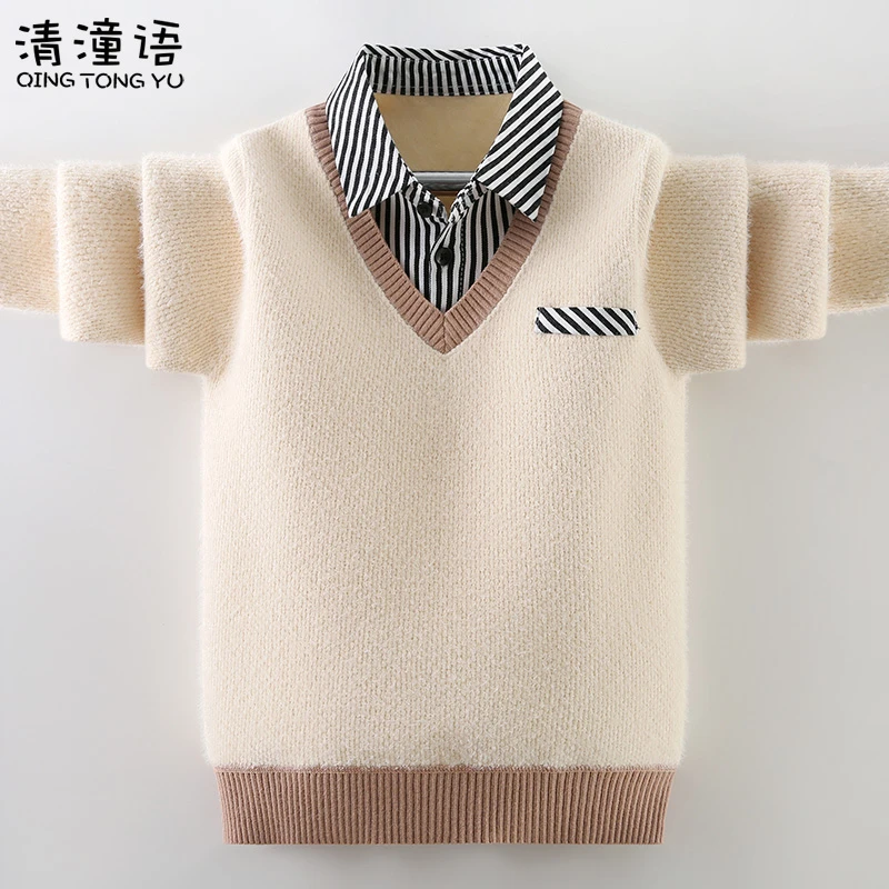 清潼语新款男童毛衣假两件一体绒秋冬款洋气中大童男孩保暖打底衫