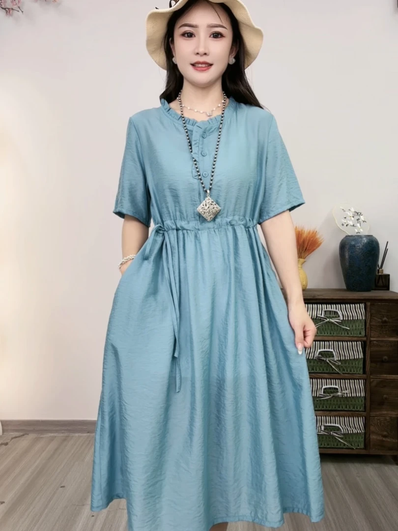 186【爆哥衣品原创】夏季短袖蓝色丁达尔风连衣裙收腰显瘦裙子