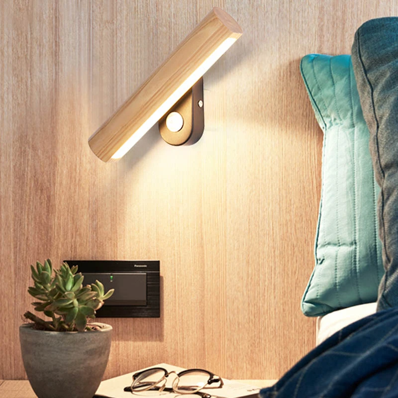 LED北欧卧室床头灯原木创意旋转书房儿童墙壁灯带开关可110V