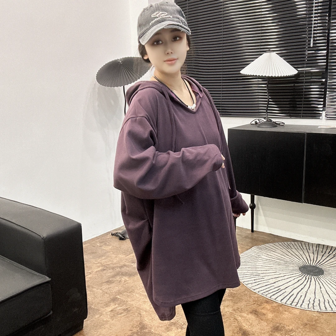 LU/鹿儿Y8333时尚大版宽松简约百搭休闲冬季打底慵懒长袖连帽上衣
