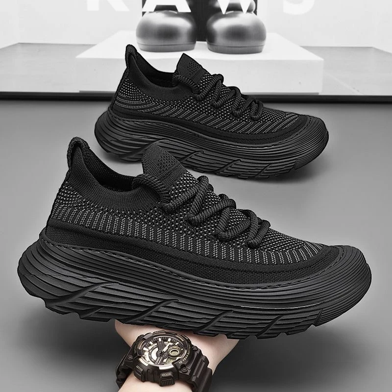 2025春夏新款男士黑色休闲舒适跑步厚底软底不累脚透气飞织鞋时尚