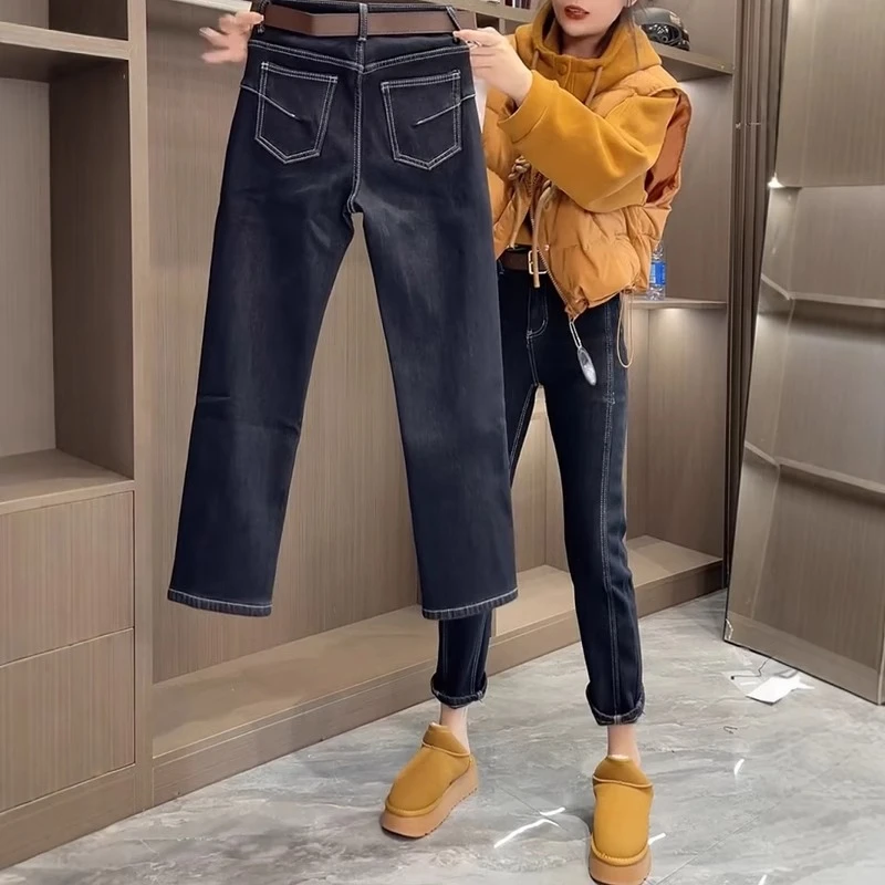 2025秋冬新款加绒加厚窄版直筒牛仔裤梨型大码遮肉显瘦八分烟管裤