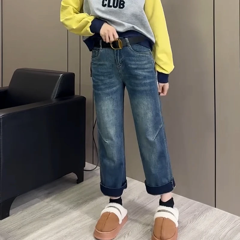 大码百搭高腰弹力显瘦直筒牛仔裤春季新款遮肉修身宽松九分阔腿裤