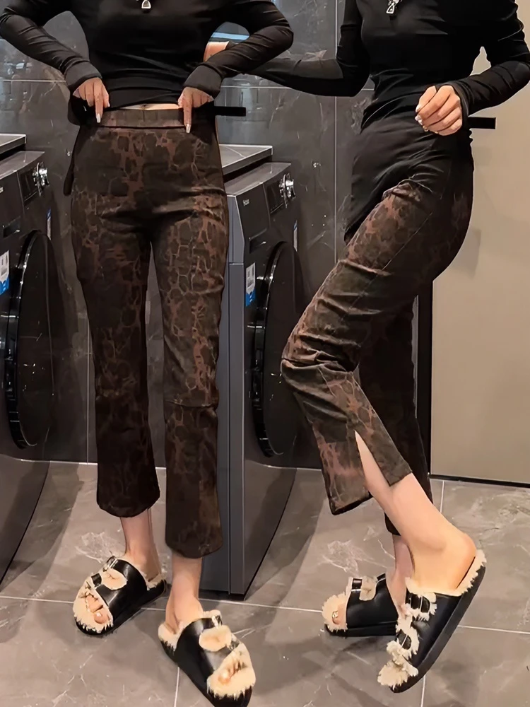 2025春季新款高腰弹力开叉直筒牛仔裤大码洋气百搭豹纹九分烟管裤