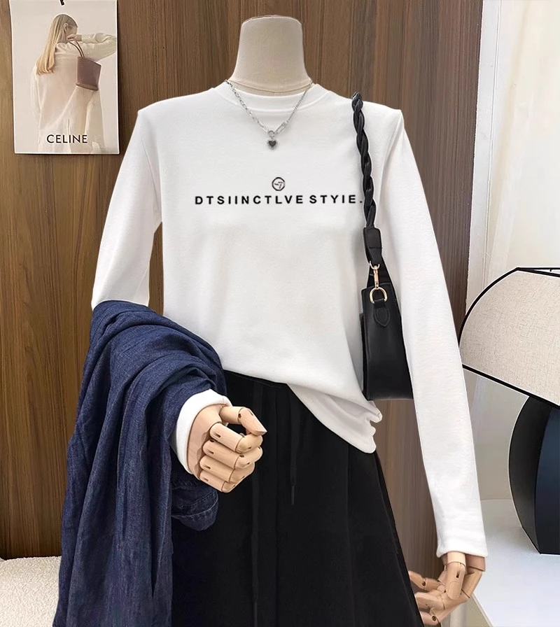 秋冬韩版新款小众设计感德绒白色打底衫宽松印花保暖内搭上衣女潮
