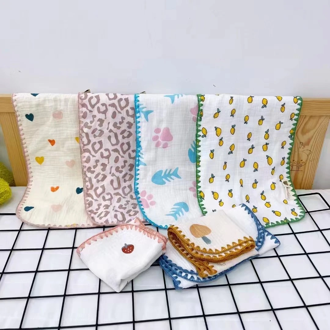 【J】全面纯棉A类四层棉花糖花边童巾25*50（六条装）