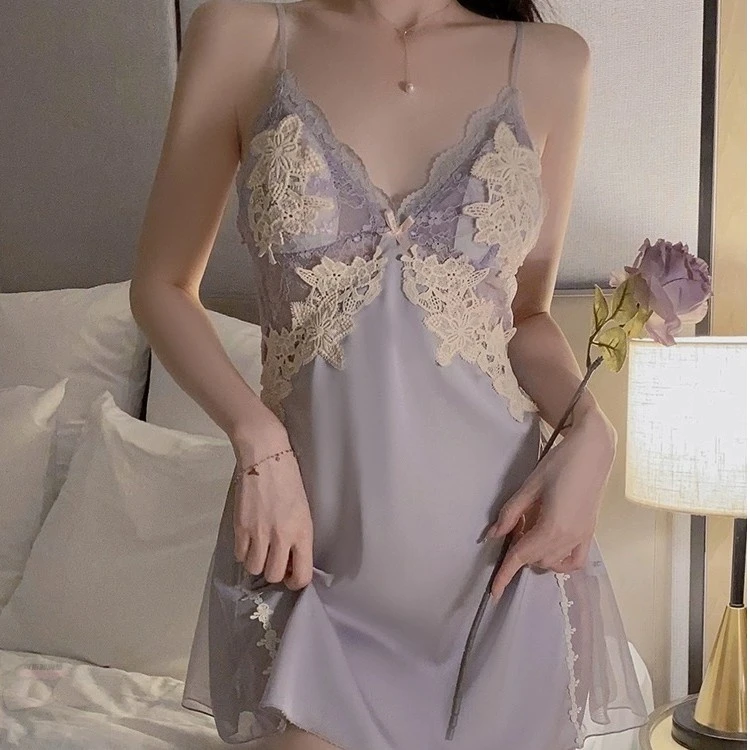 【茉莉公主】女士法式浪漫蕾丝吊带睡裙女夏季收腰显瘦睡衣薄附胸垫