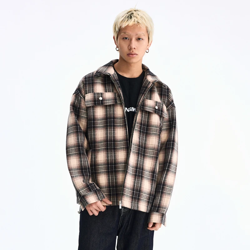 WaitingWave复古格子衬衫夹克花体刺绣logo休闲外套男女同款