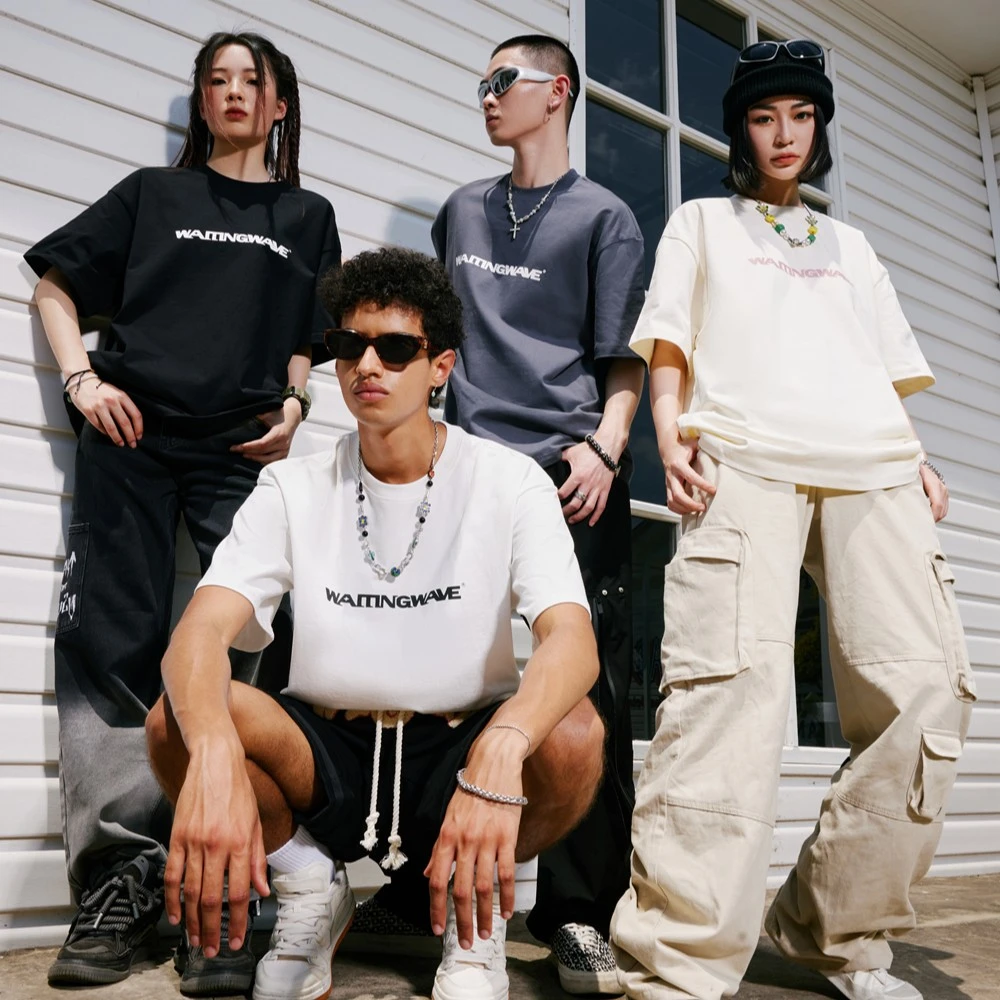 WAITINGWAVE基础logo印花短袖百搭美式高街夏季宽松男女T恤重磅