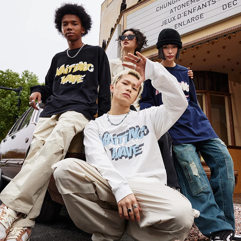 WAITINGWAVE秋季重叠logo立体发泡印花美式街头宽松长袖T恤情侣款