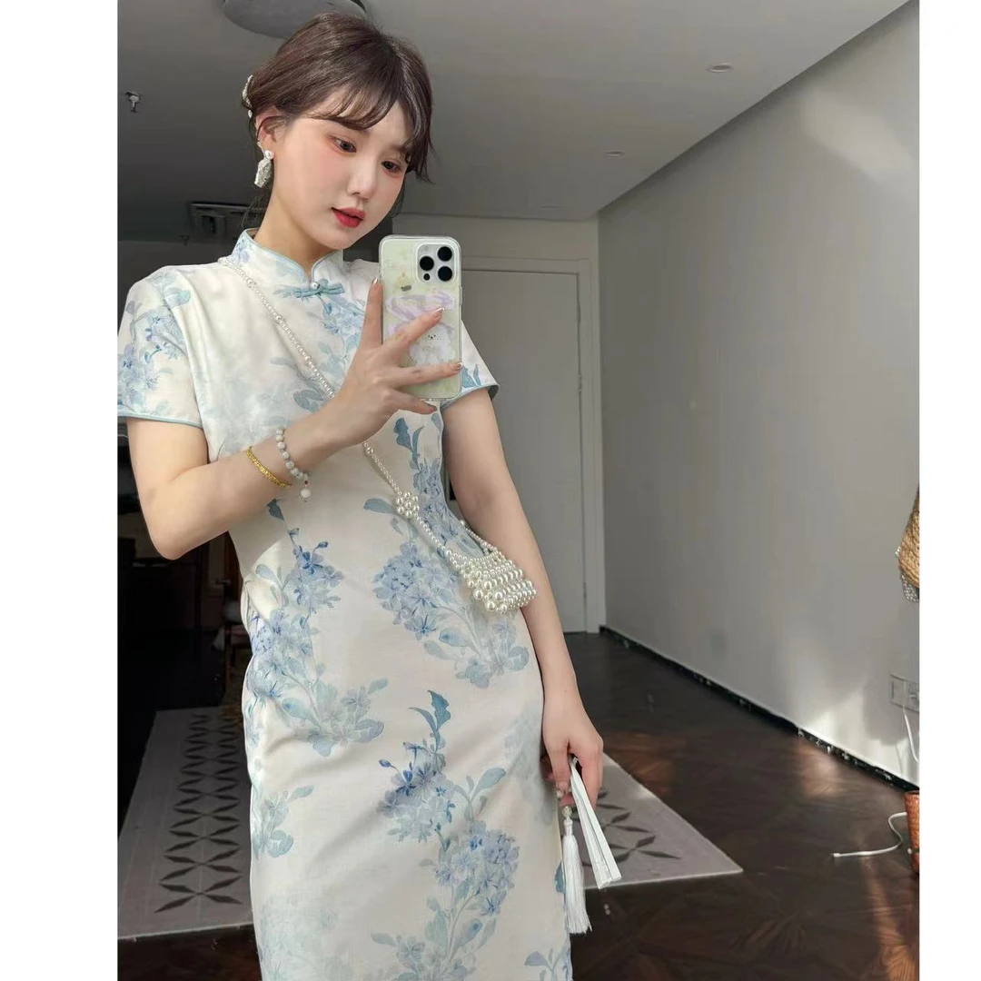 蕾英俊-无尽夏-夏季新款新中式中国风绣球花印花连衣裙-JF4625