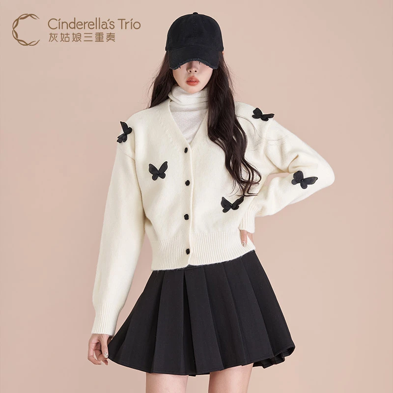 灰姑娘三重奏C·冬季新款时尚设计感米 灰针织毛衣开衫H244118191