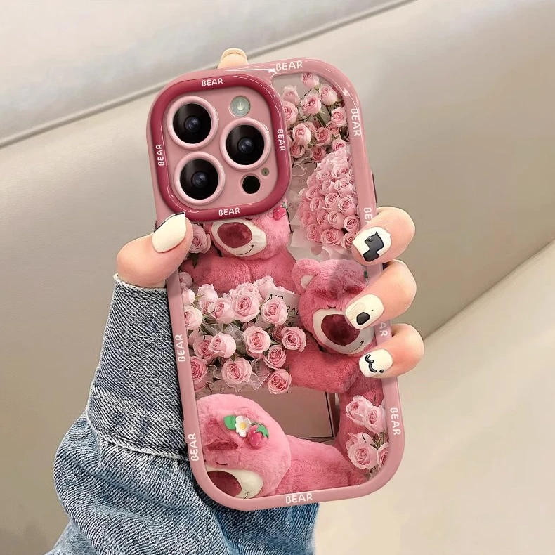 适用于苹果15promax手机壳粉色玫瑰草莓熊iphone14pro13p17promax