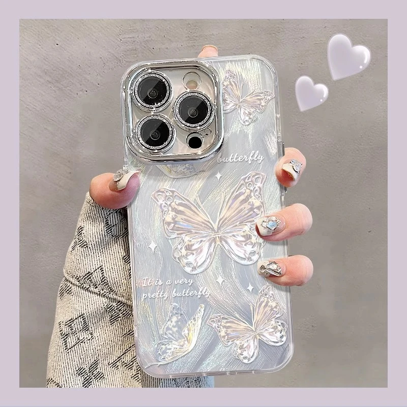 适用苹果15promax手机壳彩绘新女款iPhone14鎏金银蝴蝶13闪粉自带