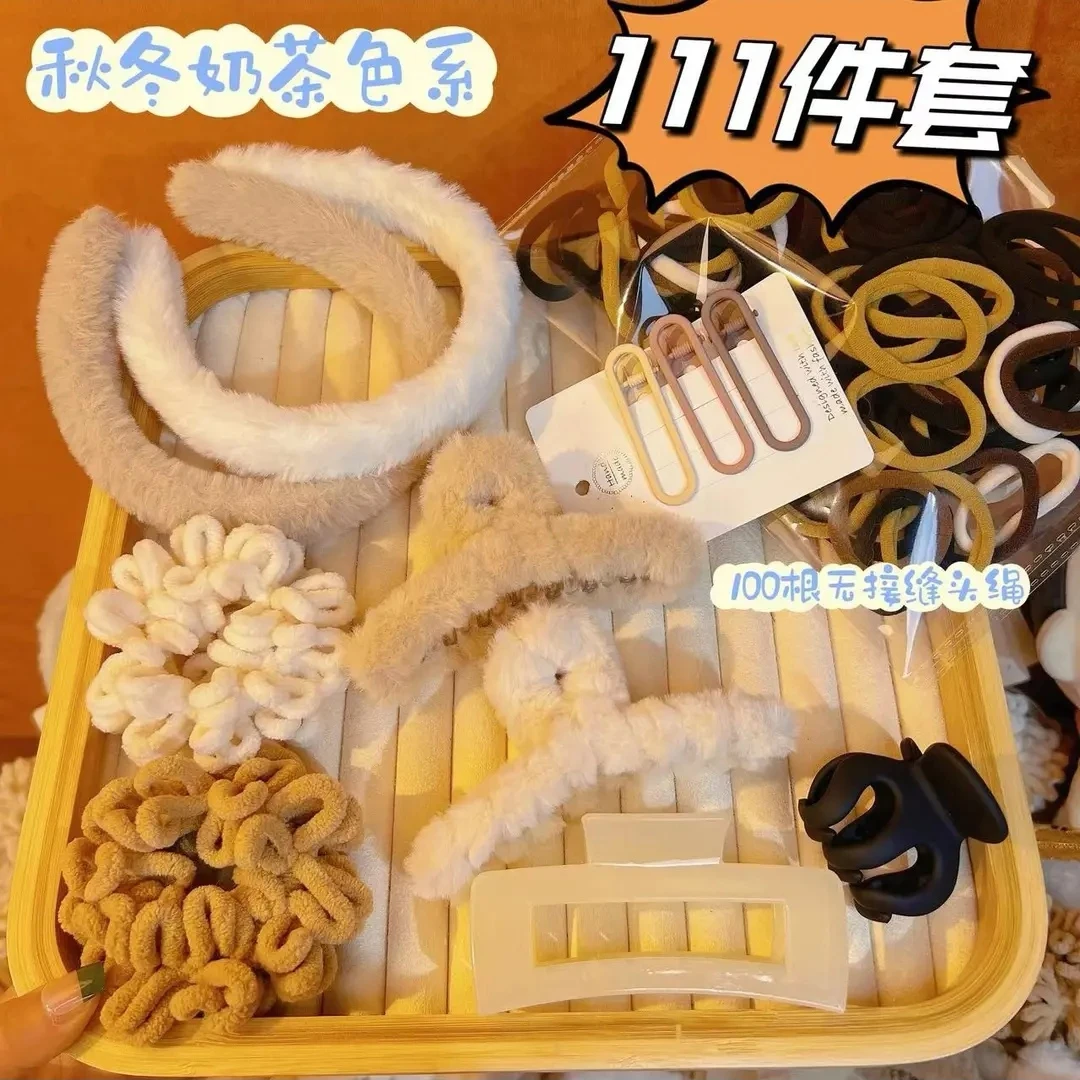 111件/咖色系茶色网红气质毛绒发夹套装