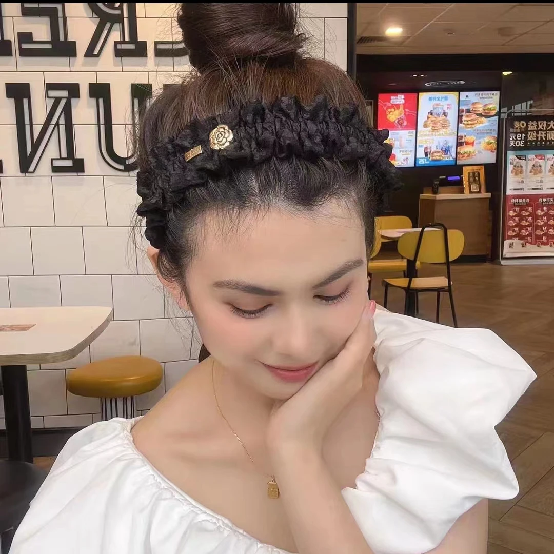 合金布艺发饰 黑色小众碎花褶皱宽边高颅顶发箍