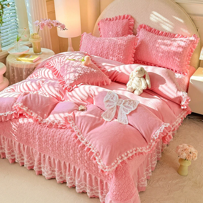 公主风加厚牛奶绒床盖加厚加绒珊瑚绒榻榻米防滑床单炕盖炕单保暖