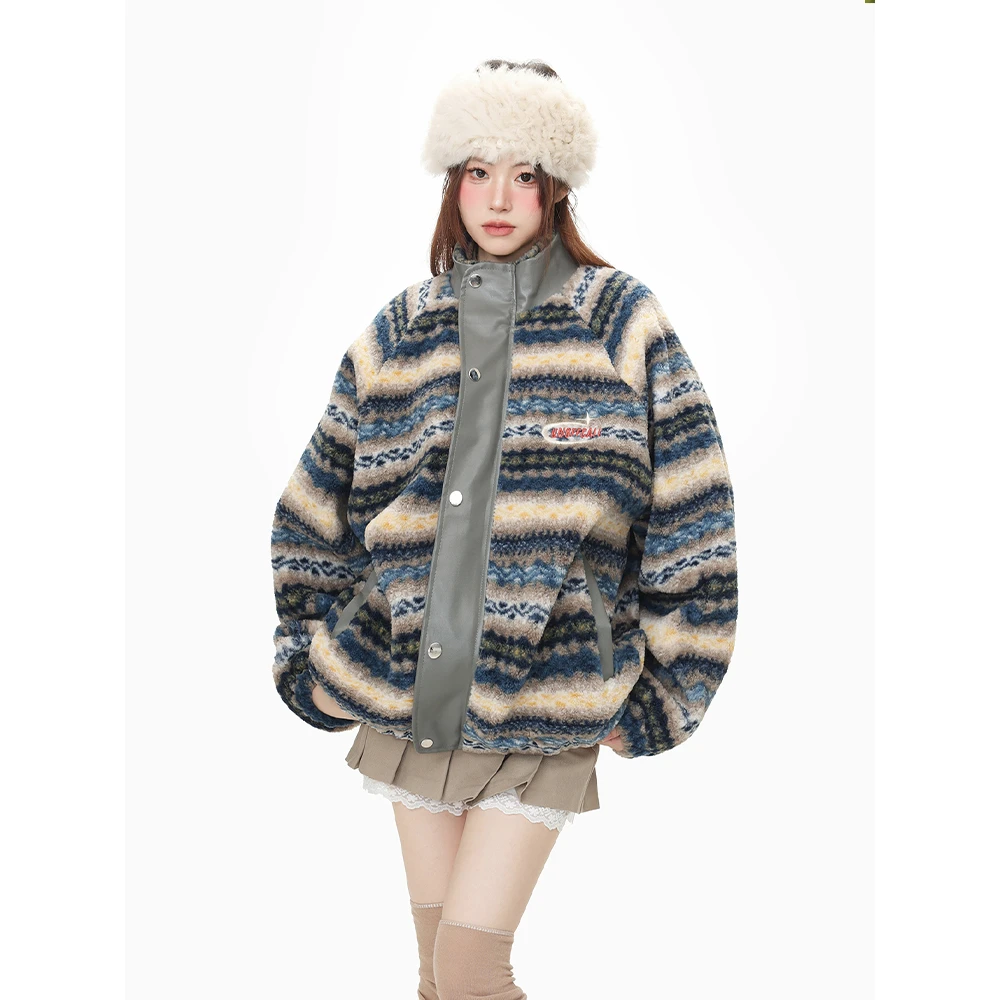美式复古民族风拼接条纹羊羔绒棉衣外套女冬季加厚保暖棉服ins潮