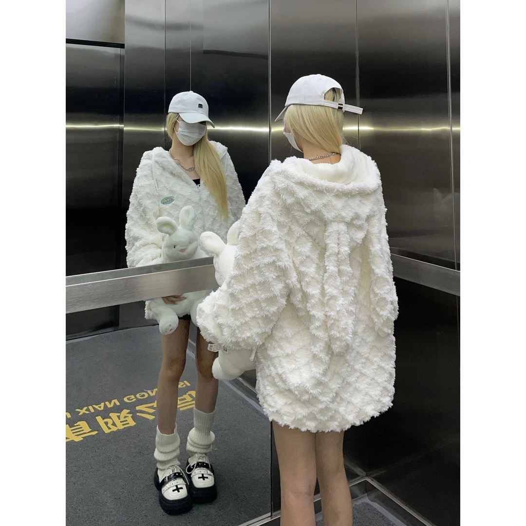 nVyK毛茸茸棉衣女冬季加厚日系软奶风兔耳朵宽松百搭羊羔毛外套潮