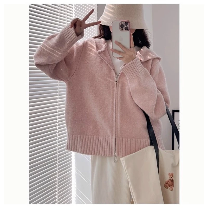 粉色双拉链连帽针织衫开衫毛衣外套女秋冬设计感慵懒风上衣