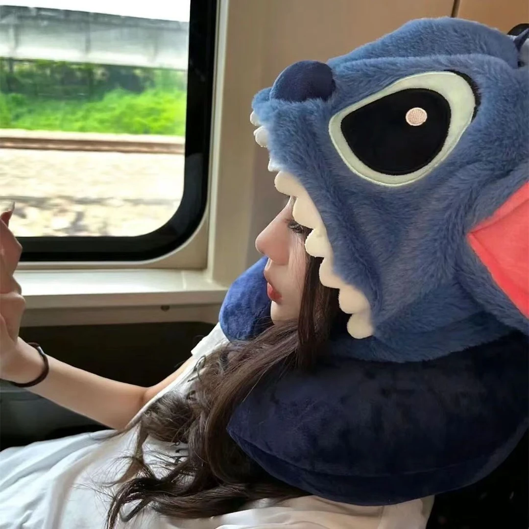 睡觉可爱史迪奇卡通u型枕连帽枕护午睡护颈枕头旅行飞机帽子午休