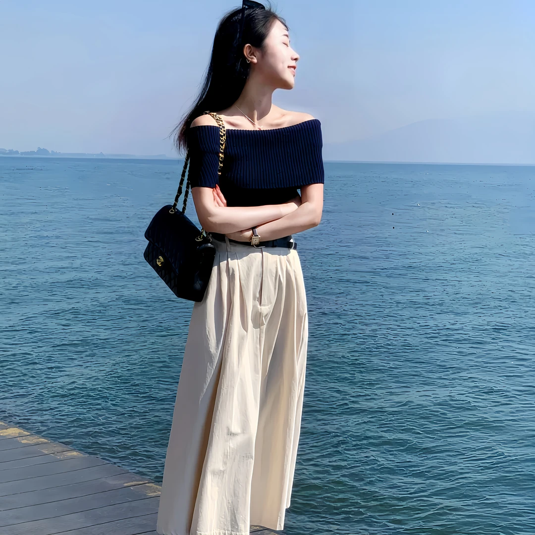 夏季新款高级感穿搭性感纯色一字肩翻领上衣休闲半身裙两件套装女