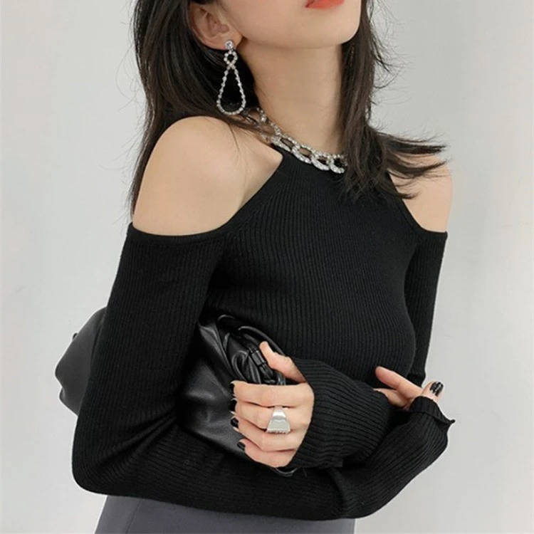 春秋上衣女2025年新款气质挂脖钻链露肩长袖针织衫设计感小众内搭