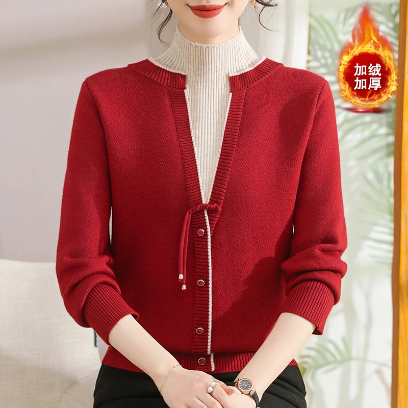 新款洋气妈妈装假两件套头针织衫毛衣秋冬新款时尚减龄中老年女装