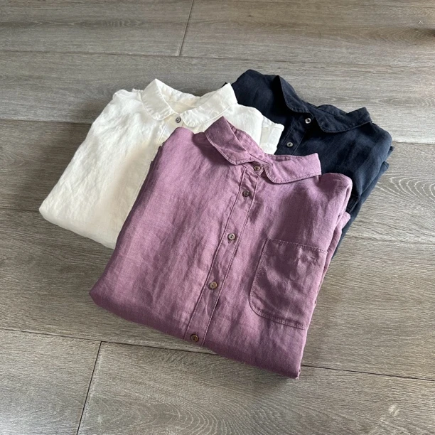 ALJ213文艺简约百搭三色亚嘛圆领长袖衬衫开衫衬衣。