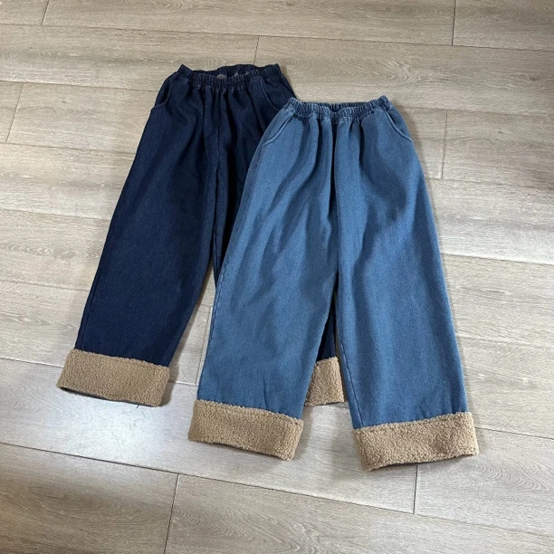 ALK058水洗牛仔加厚加绒羊高毛直筒休闲长裤子。