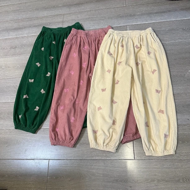 ALK050冬款复古灯芯绒松紧腰刺绣长裤子。