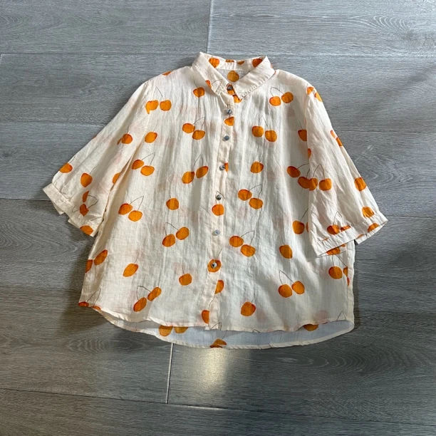 ALJ171文艺苎嘛樱桃短袖衬衫女宽松衬衣