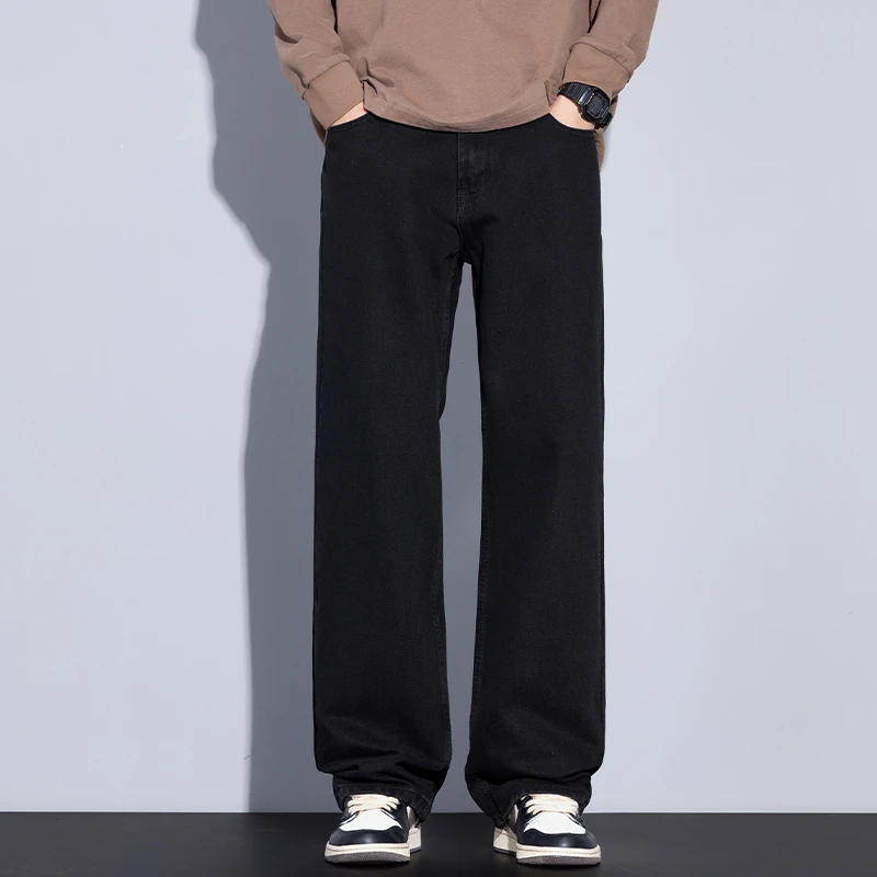 Kuvine2025冬季潮流复古美式水洗黑色牛仔裤男显瘦宽松直筒休闲裤