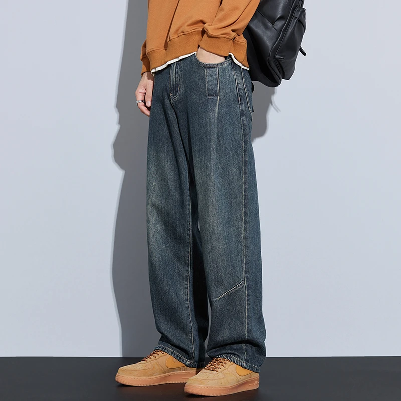 Kuvine水洗复古阔腿牛仔裤男2025秋季直筒宽松休闲松紧腰垂感长裤