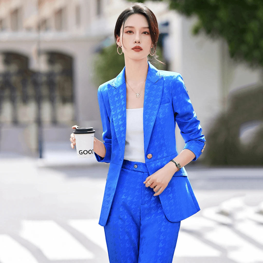 2025新款千鸟格气质女神范西服两件套时尚气质美容师长袖西装套装