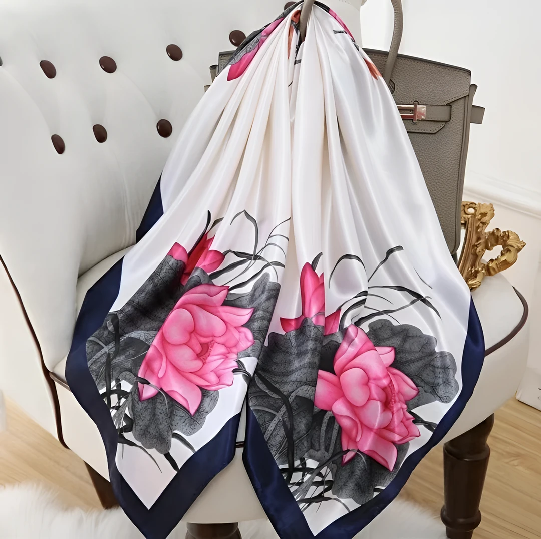 D85【白底荷花】90.90高雅荷花欧美风披肩防晒旅游丝巾时尚大方气质