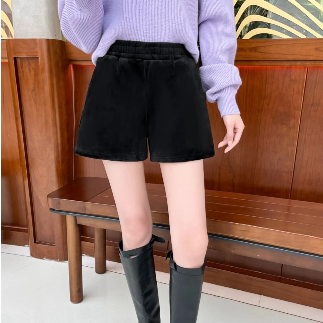 冬季厚实挺括丝绒A字版短裤 显瘦时尚休闲网红宽松加厚靴裤1718