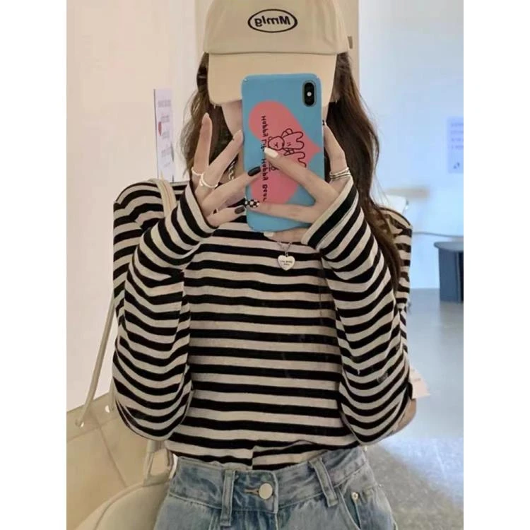 正肩条纹长袖t恤女时尚圆领2023年秋冬设计感小众内搭外穿打底衫