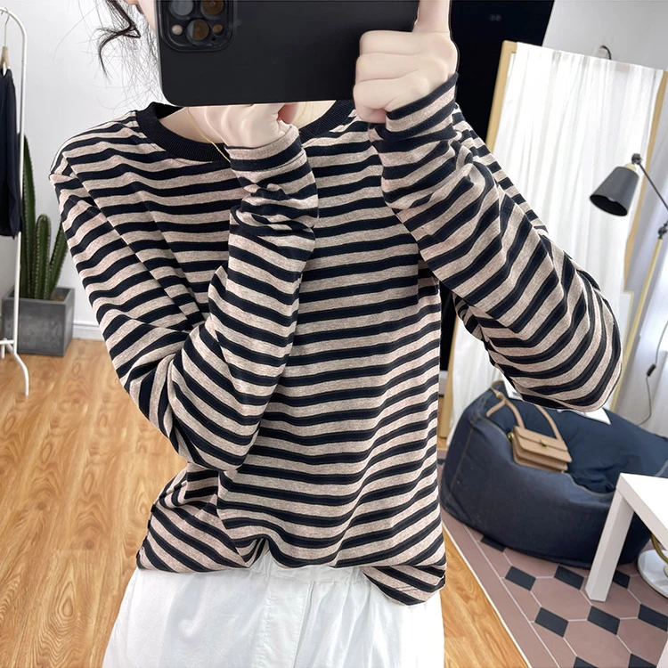 cc活力减龄正肩条纹长袖T恤衫经典条纹外穿打底衫韩版