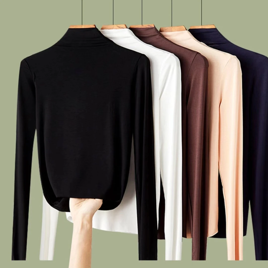 6837可外穿可打底 软糯气质长袖面膜T 半高领修身纯色打底衫高领