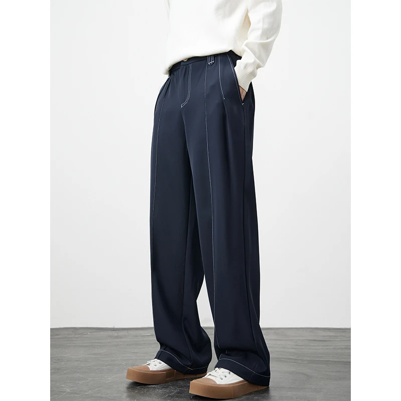 Kuvine秋冬季垂感休闲西裤男潮流双褶松紧腰纯色宽松直筒休闲长裤