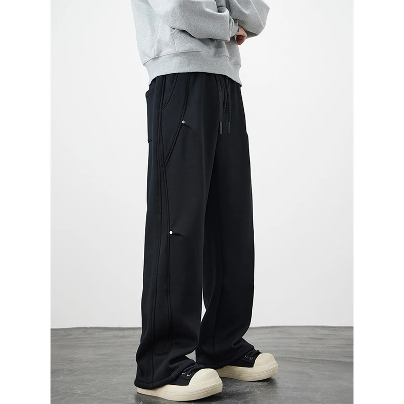 Kuvine秋季美式重磅水洗垂感卫裤男宽松直筒拼接设计感抽绳休闲裤