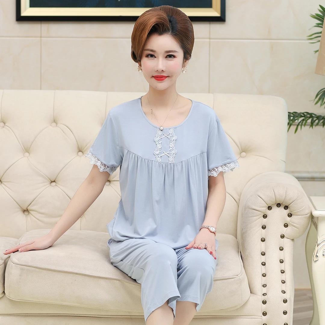 带胸垫睡衣女士夏季莫代尔女短袖夏款中年妈妈款中老年套装家居服