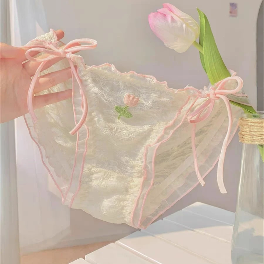 粉郁花仙甜美纯欲风女生高开叉系带蕾丝内裤女性感新款舒适裤衩子