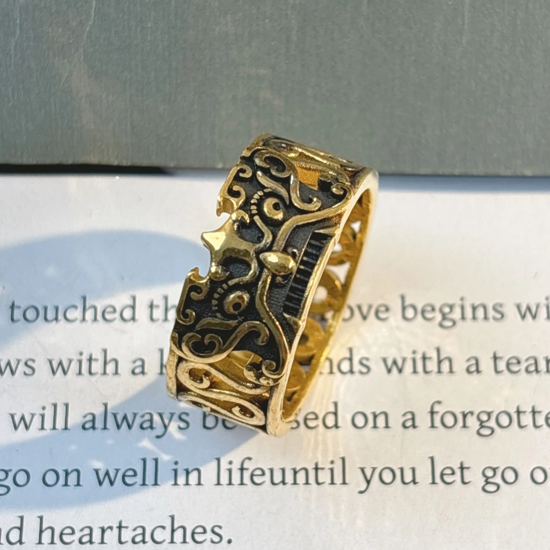 水贝千玺珠宝 饕餮 足金999戒指黄金复古电黑工艺5D精品黑金直播