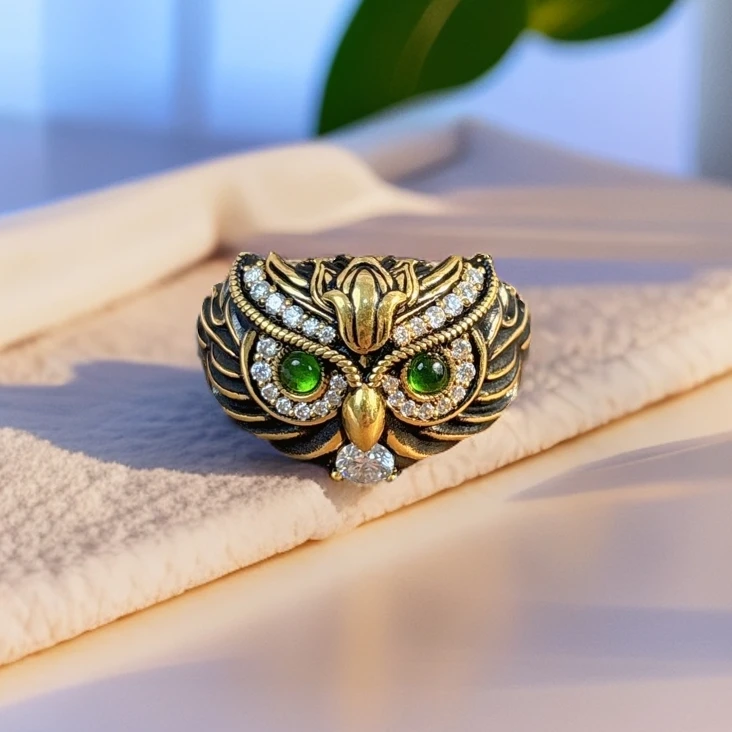 水贝千玺珠宝 猫头鹰足金999戒指黄金复古电黑工艺5D精品黑金直播