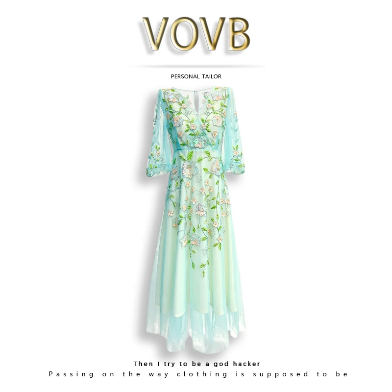 VOVB重工钉珠收腰显瘦新款森系立体花轻奢高级花仙子连衣裙-2029