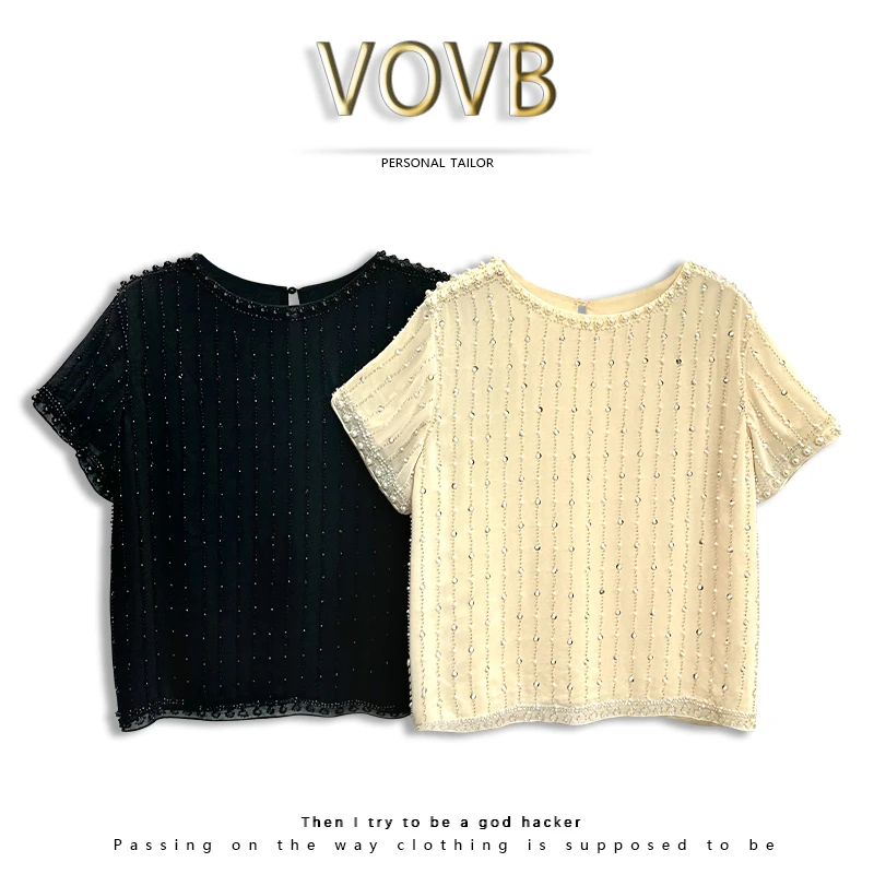VOVB韩版设计感短袖轻奢钉珠时尚款百搭显瘦定制雪纺上衣女-8026