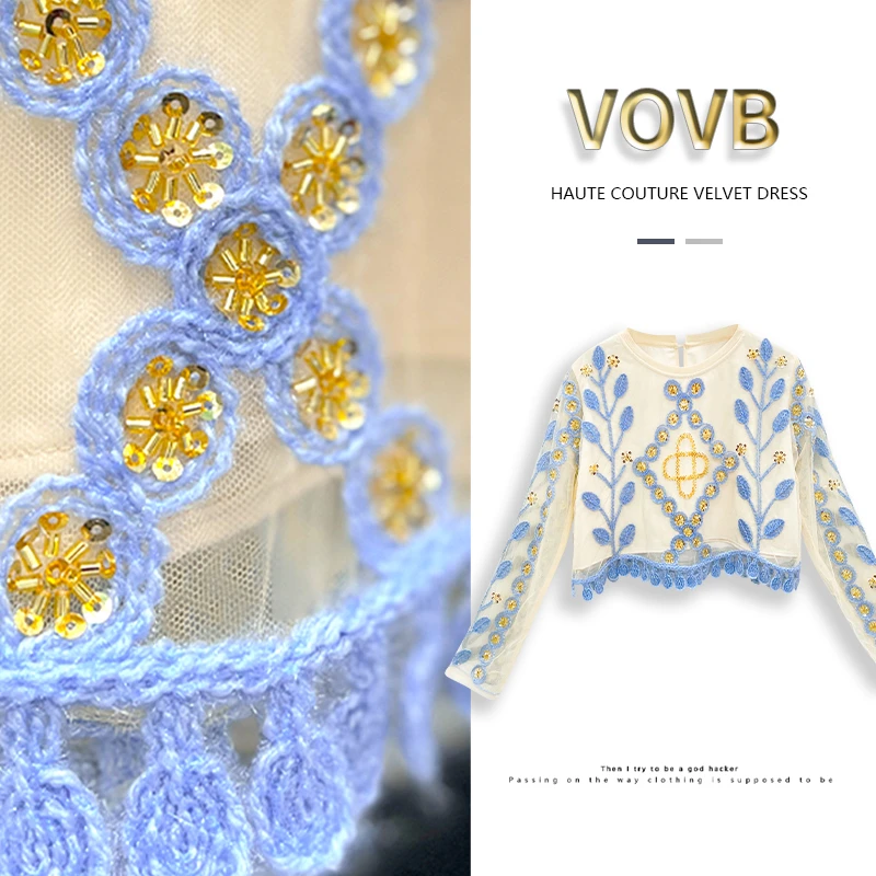 VOVB高定款手工钩花钉珠假两件小众民族风气质名媛风上衣女-3066
